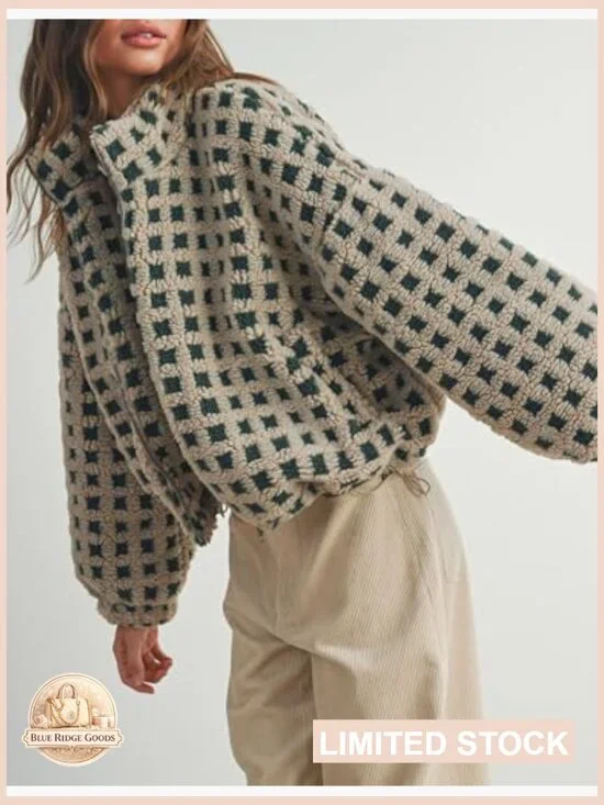 Long Sleeve Cropped Sherpa Fleece Jacket Plaid Teddy Oversized Chunky Outerwear - Picture 6 of 7